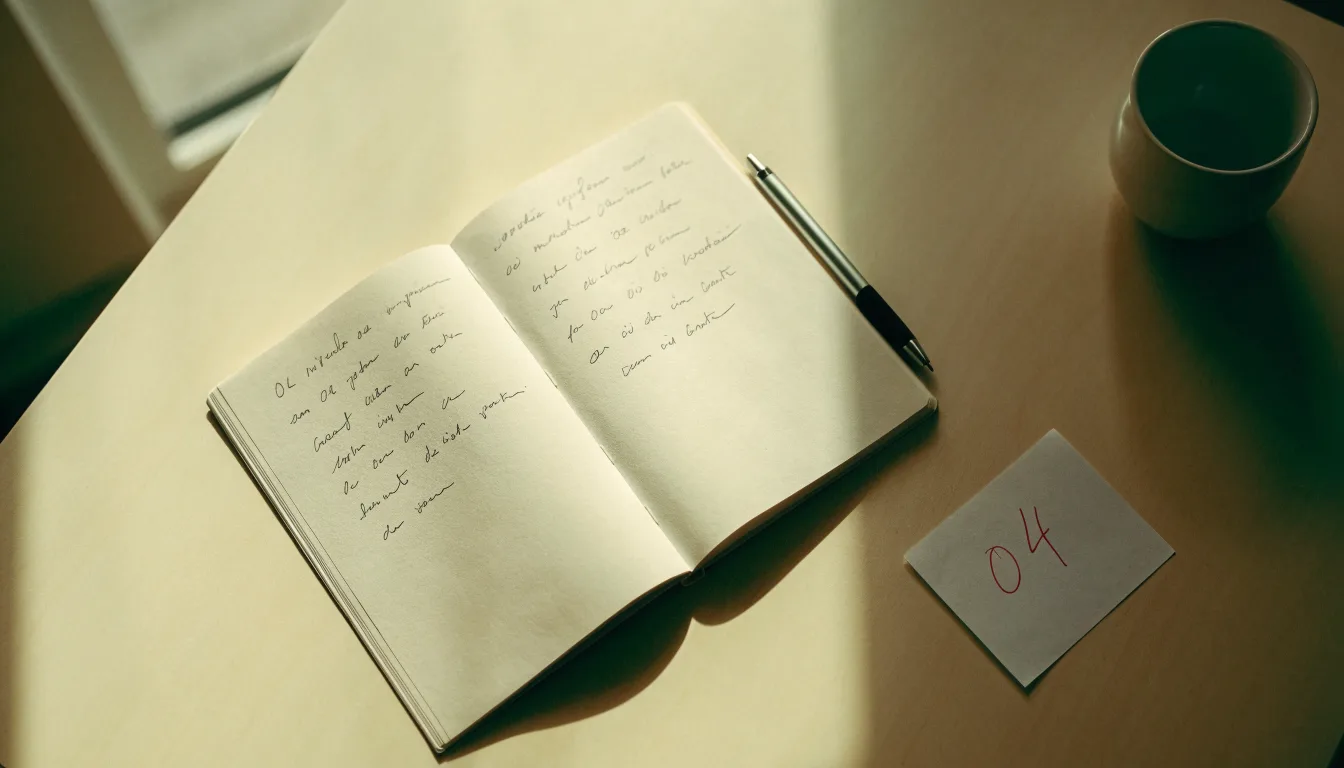 Ein aufgeschlagenes Notizbuch mit handschriftlichen Notizen und ein Kugelschreiber liegen auf einem hellen Schreibtisch neben einer Kaffeetasse.