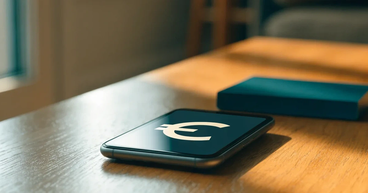 Ein Smartphone liegt mit dem Display nach unten auf einem Holztisch, daneben ein paar Euro-Münzen und eine unbeschriftete Plastikkarte im Morgenlicht.