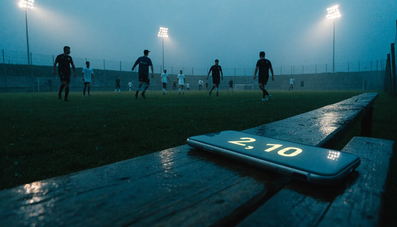 Ein Fußballplatz mit Flutlichtmasten in der Abenddämmerung, aus der Ferne gesehen, leere Tribünen und nasser Rasen unter bewölktem Himmel.