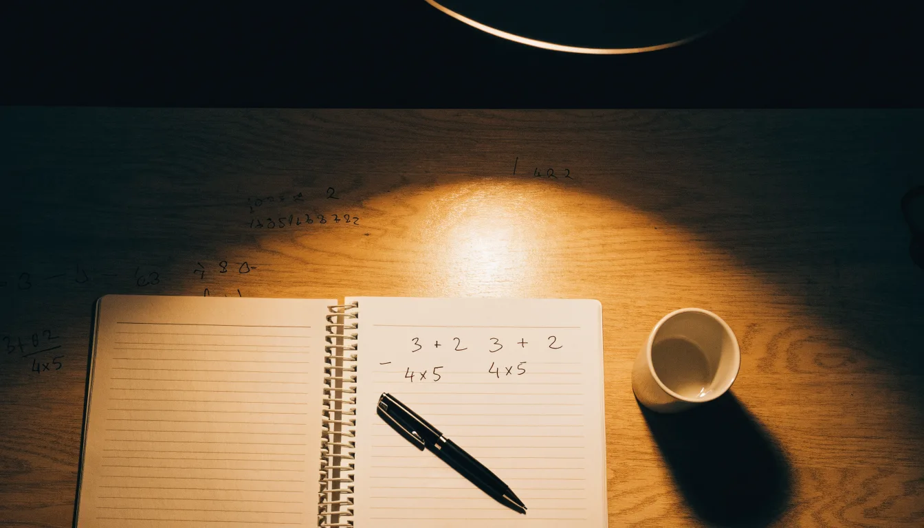 Ein Taschenrechner und ein Blatt Papier mit handschriftlichen Notizen liegen auf einem Schreibtisch unter dem warmen Licht einer Lampe.