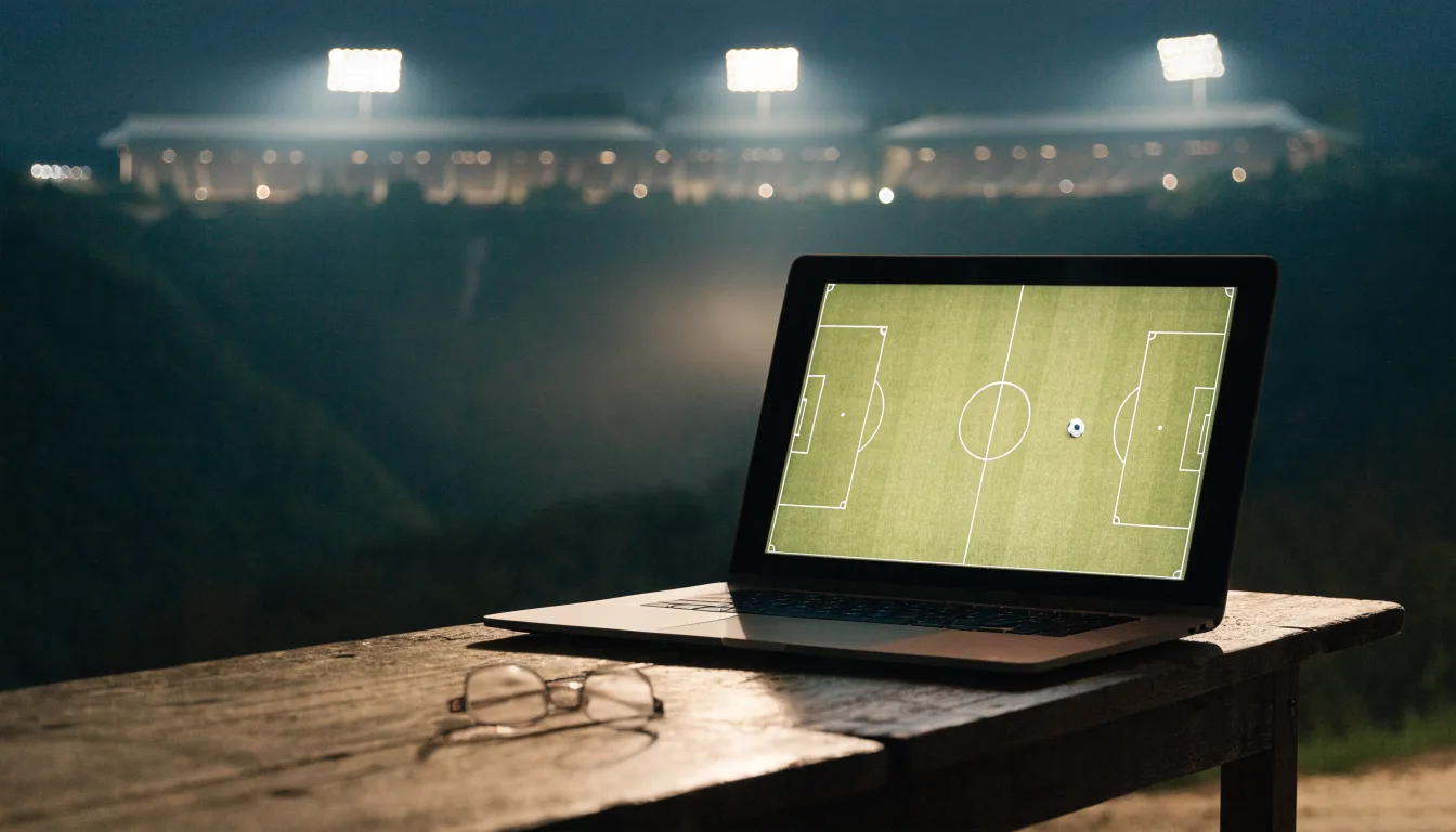 Ein Stadion unter Flutlicht bei Nacht, von einem Hügel aus der Ferne betrachtet, mit Dunst über dem Spielfeld.