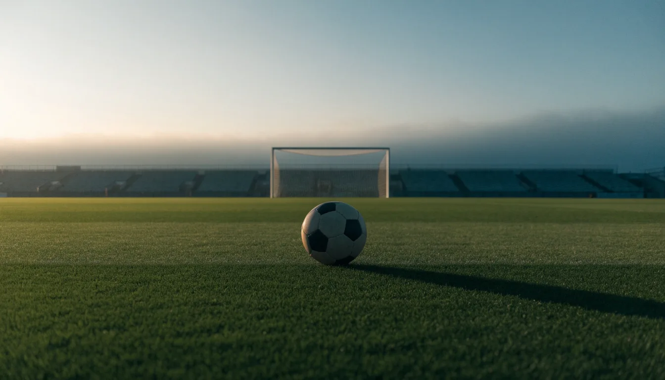 Ein Fußball liegt auf dem Elfmeterpunkt eines leeren Rasenplatzes, im Hintergrund eine Tribüne im Dunst.