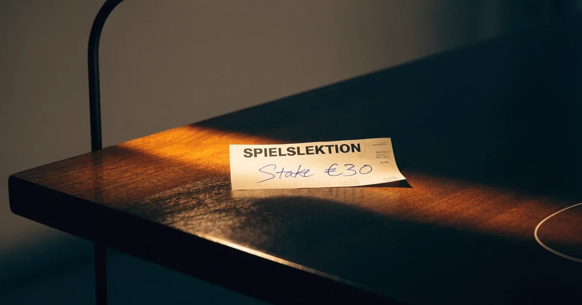 Ein leerer Wettschein aus Papier liegt neben einem Stapel Euro-Münzen auf einem dunklen Holztisch, seitlich von einer Schreibtischlampe beleuchtet.