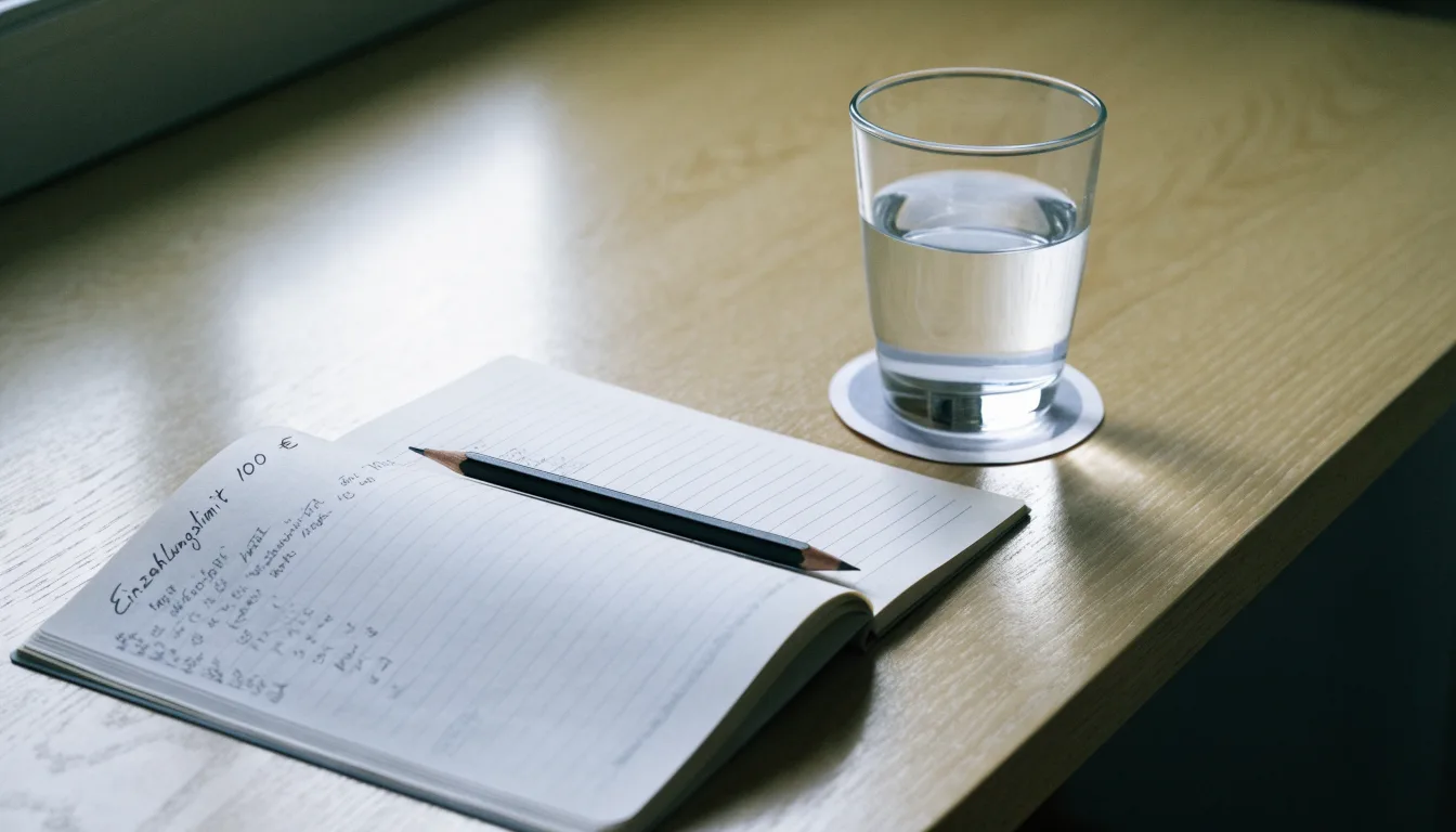 Ein aufgeschlagenes Heft mit handschriftlichen Notizen und ein Bleistift liegen auf einem Schreibtisch, daneben ein Glas Wasser.