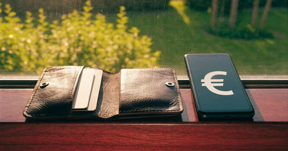 Eine Geldbörse aus Leder liegt geöffnet neben einem Smartphone auf einer Fensterbank, im Hintergrund ein Garten im Gegenlicht.