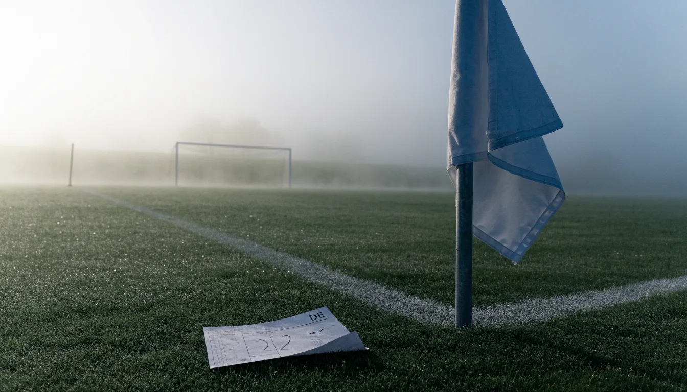 Der Rand eines Spielfelds mit weißer Linie und Eckfahne bei Nebel am frühen Morgen, ohne Menschen.