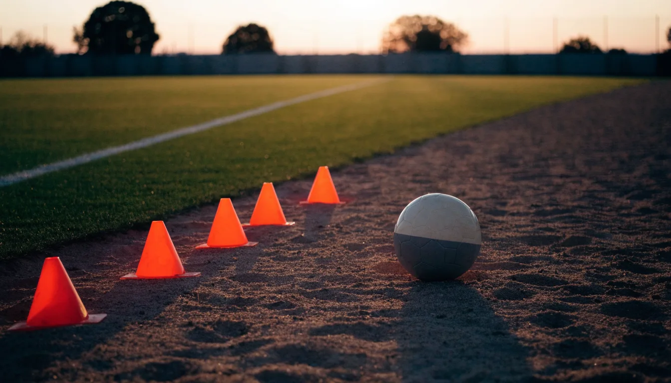 Ein Fußball auf rotem Sandboden neben einer Reihe Hütchen auf einem Trainingsplatz bei untergehender Sonne.