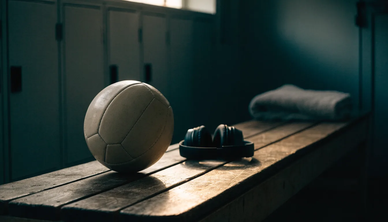 Ein Fußball liegt neben Kopfhörern auf einer Holzbank in einer Umkleide, Licht fällt durch ein schmales Fenster.