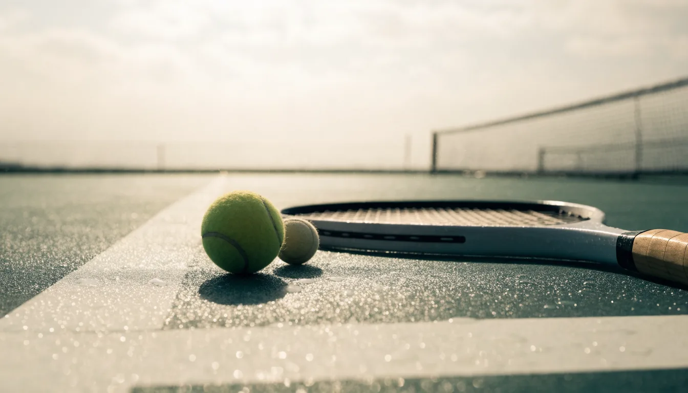 Zwei Tennisbälle und ein Schläger liegen auf der Grundlinie eines Hartplatzes, kleine Wassertropfen glänzen auf dem Belag.
