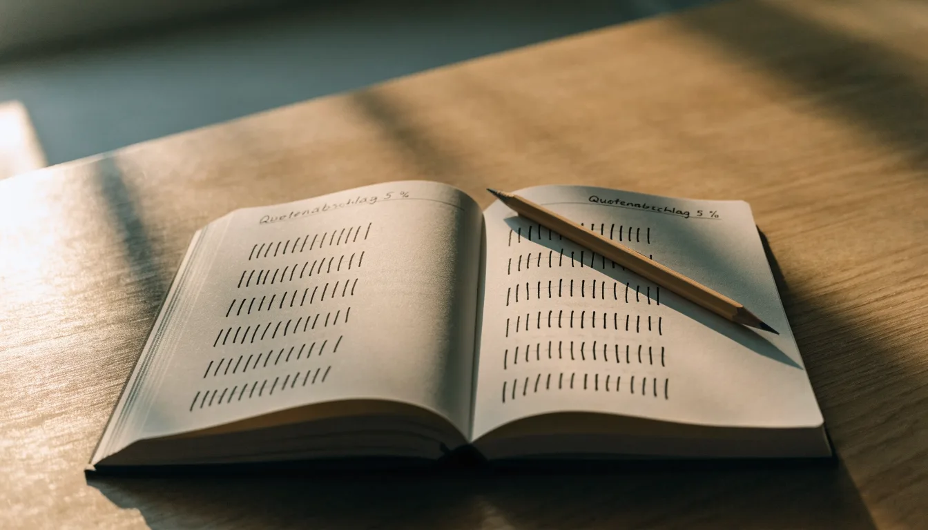 Ein handschriftlich geführtes Heft mit Strichlisten liegt neben einem Bleistift auf einem Tisch, seitlich fällt Tageslicht herein.