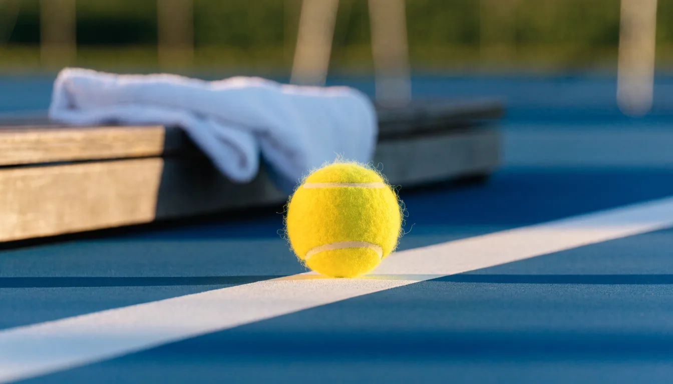Ein gelber Tennisball liegt auf einer weißen Linie, daneben ein Handtuch auf einer Bank am Spielfeldrand.