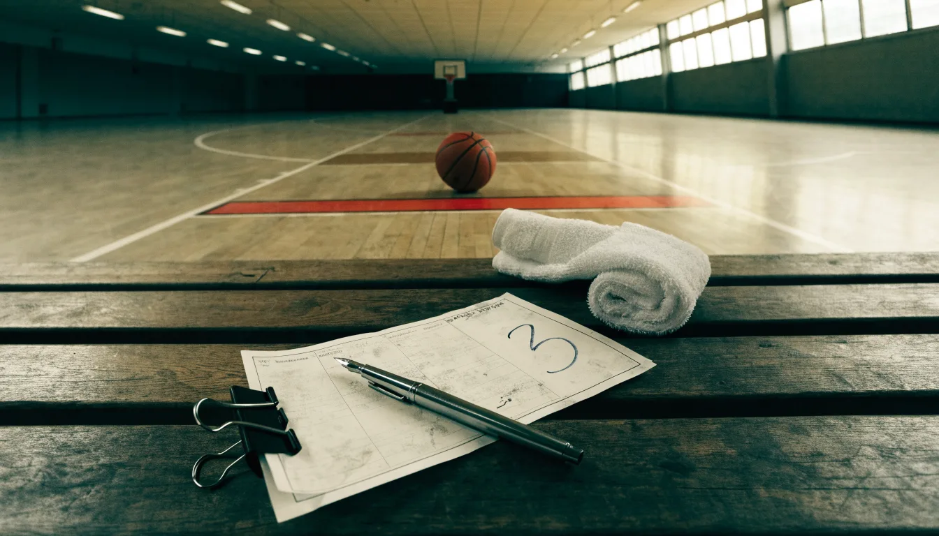 Ein Basketball liegt auf der Freiwurflinie einer Halle, im Vordergrund ein Handtuch auf einer Bank.