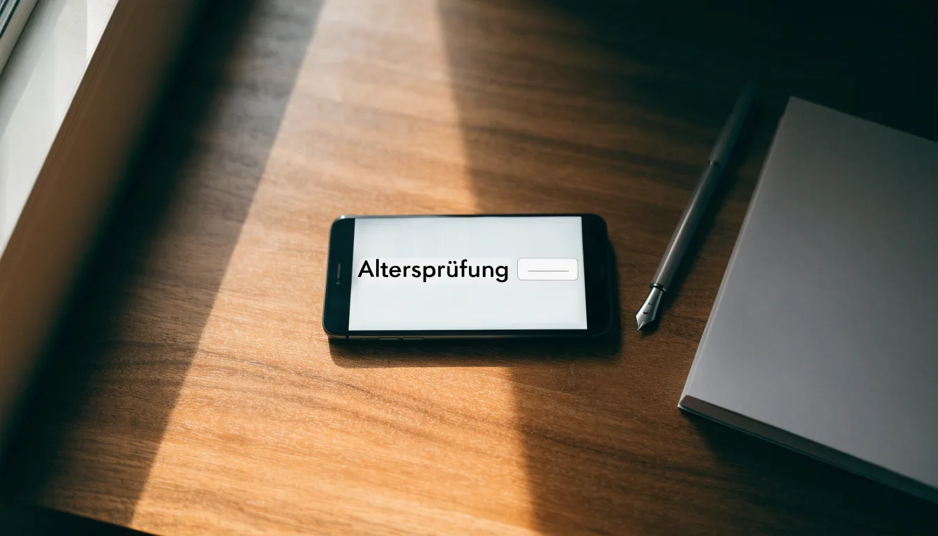 Ein Aktenordner ohne Beschriftung und ein Füllfederhalter liegen auf einem Schreibtisch vor einem Fenster.