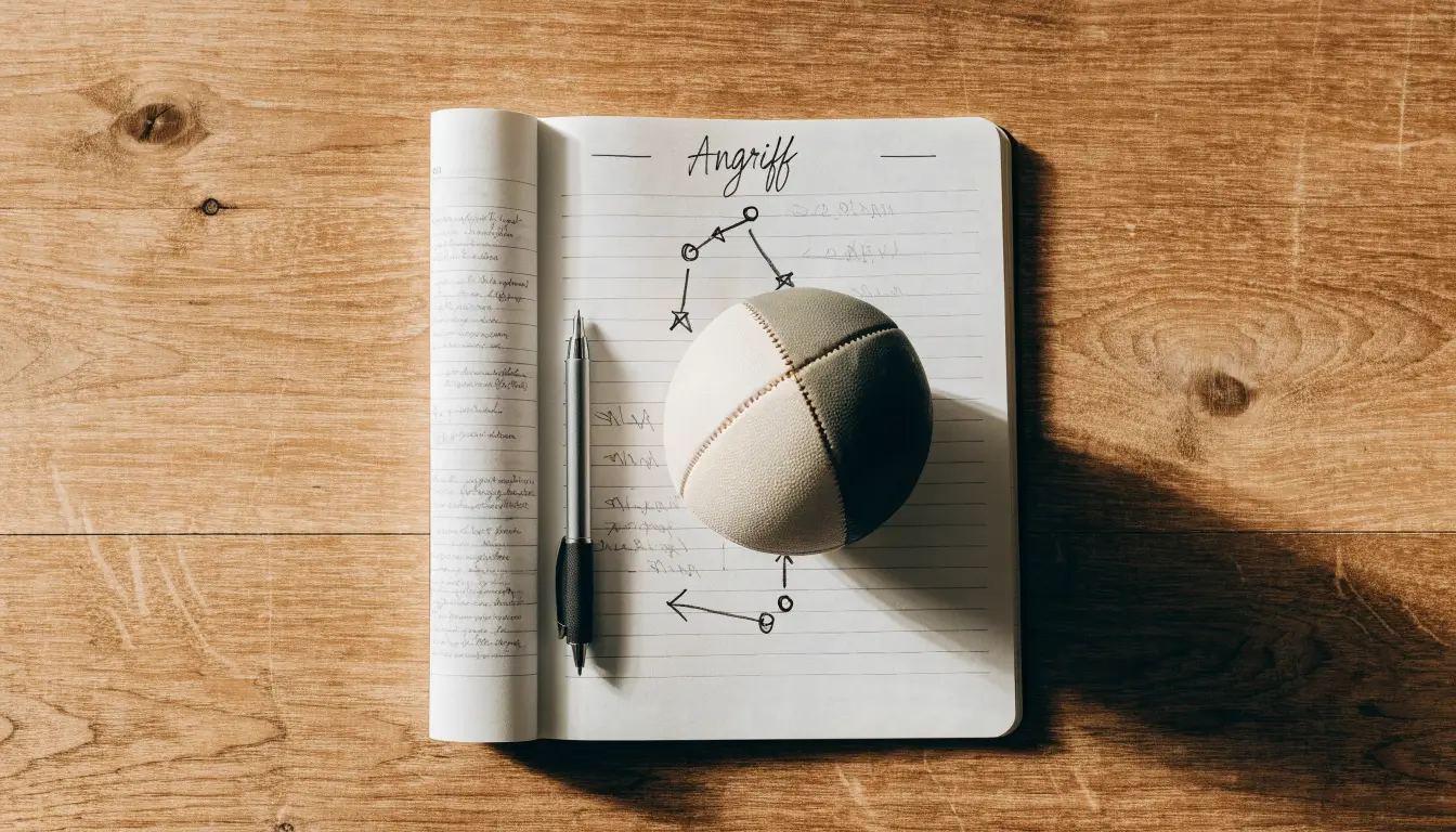 Ein Fußball liegt auf einem Notizbuch mit handgezeichneten Skizzen von Spielzügen, aufgenommen von oben auf einem Holztisch.
