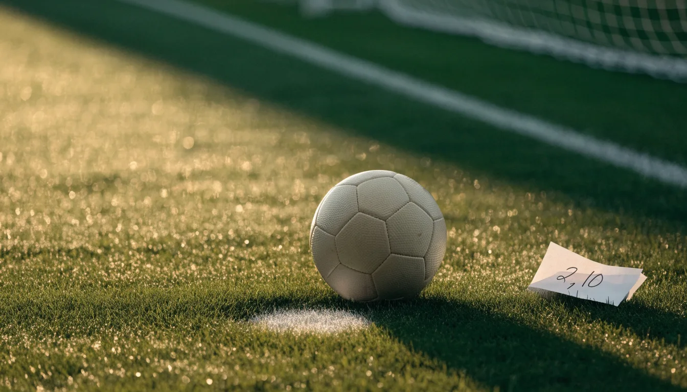 Ein Fußball liegt auf dem Anstoßpunkt eines Rasens bei Sonnenaufgang, Tau glitzert auf den Halmen.