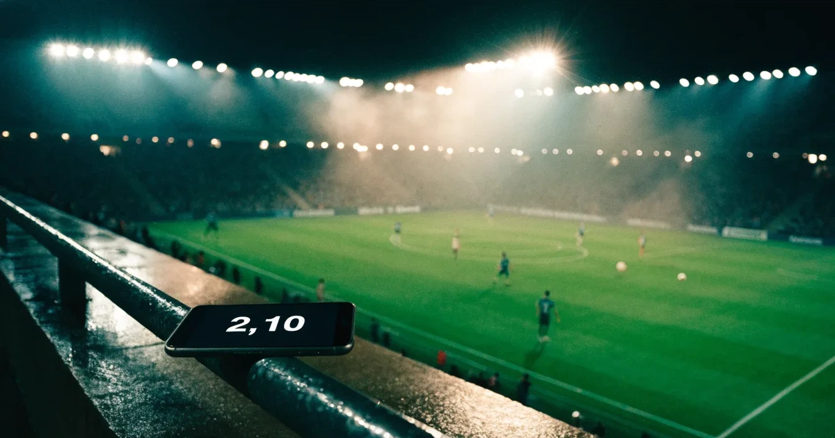 Ein großes Fußballstadion bei Flutlicht von außen, davor ein leerer Vorplatz mit nassem Pflaster und Dunst.
