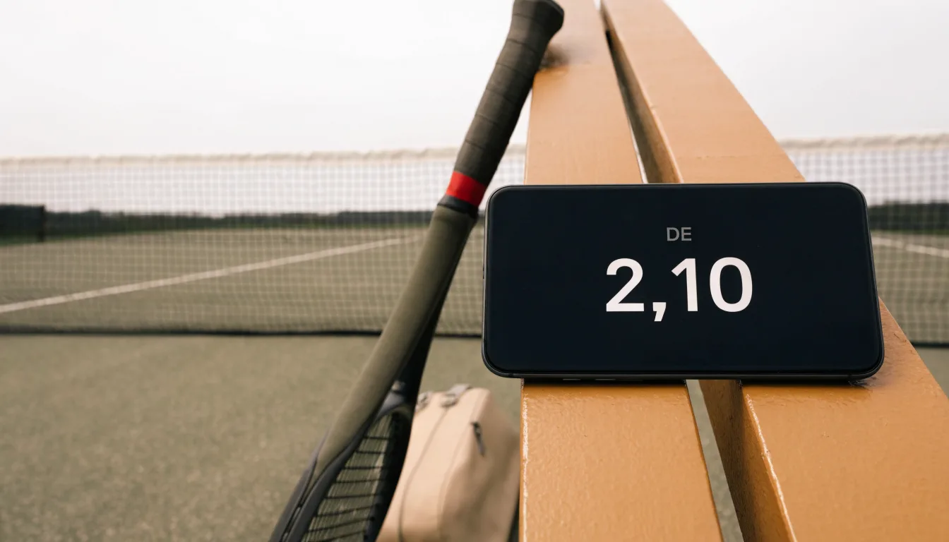 Ein Tennisschläger lehnt an einer Bank neben einer Sporttasche, im Hintergrund ein leerer Platz.