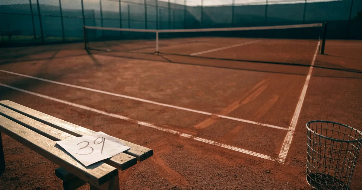 Ein Sandplatz mit frisch gezogenen Linien in der Nachmittagssonne, Netz und Ballkorb am Rand, keine Menschen.