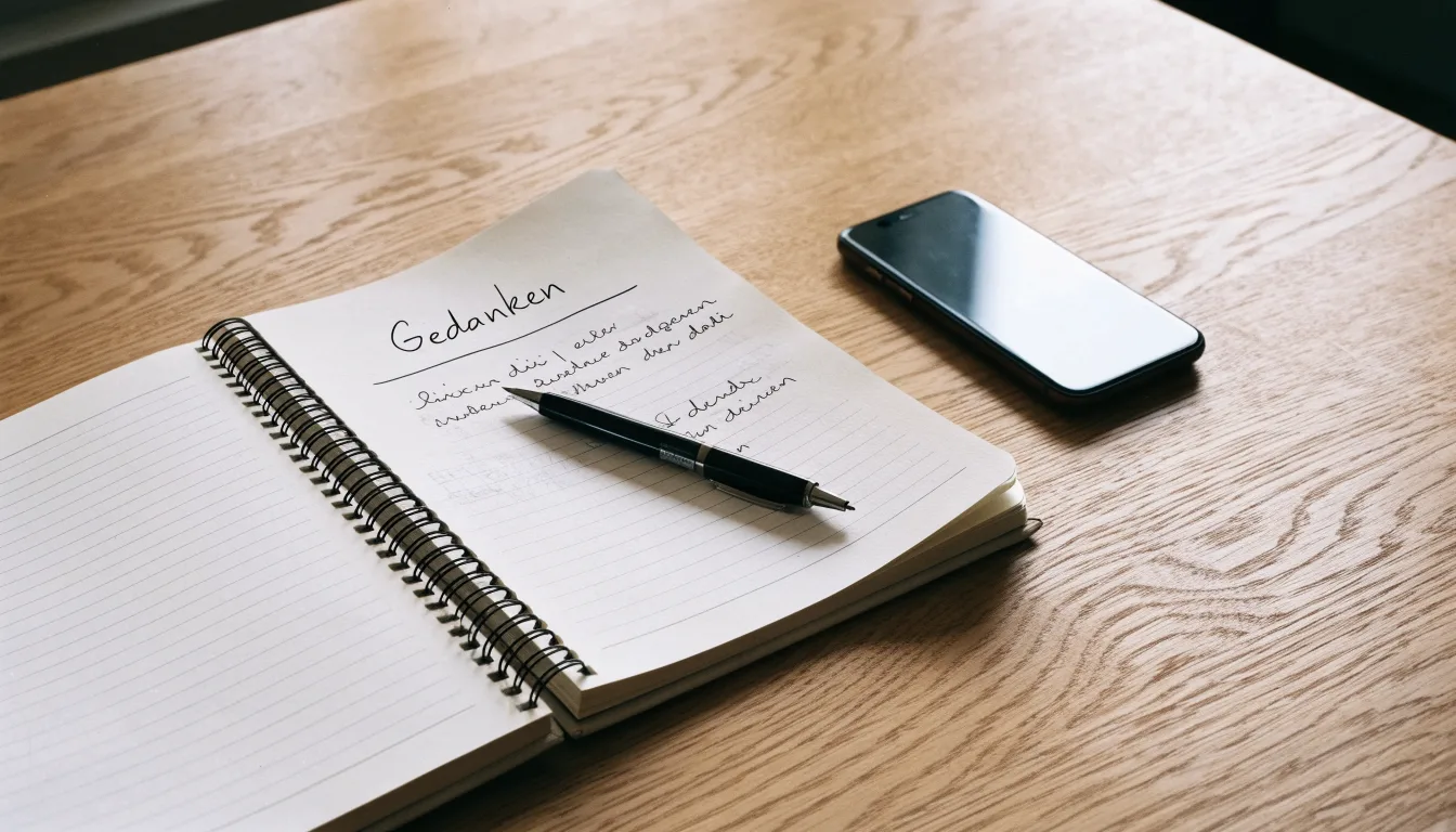 Ein Notizbuch mit handschriftlichen Notizen und ein Kugelschreiber liegen neben einem Smartphone mit dunklem Display auf einem Holztisch.