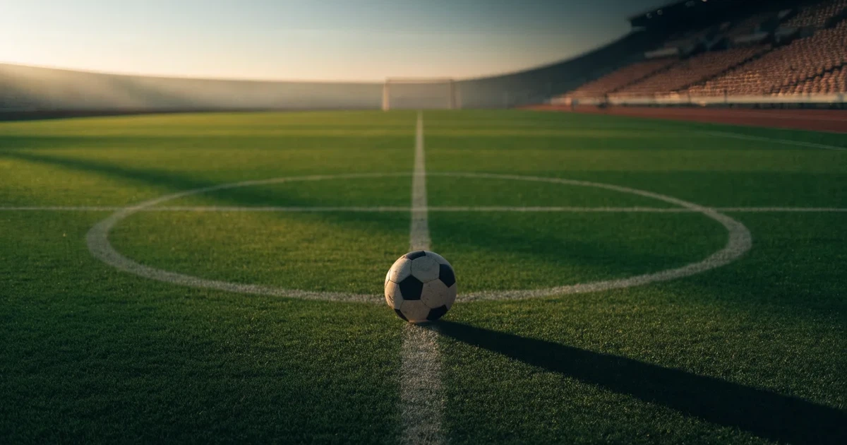 Ein Fußball liegt auf dem Anstoßpunkt eines leeren Rasenplatzes, im Hintergrund eine große Stadiontribüne im Abendlicht.