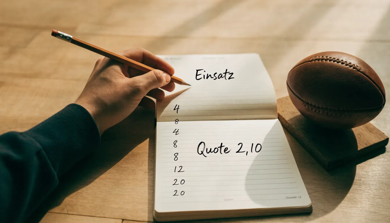 Eine Hand notiert mit Bleistift Zahlen in ein kariertes Heft, daneben liegt ein kleiner Lederfußball auf einer Holzplatte.