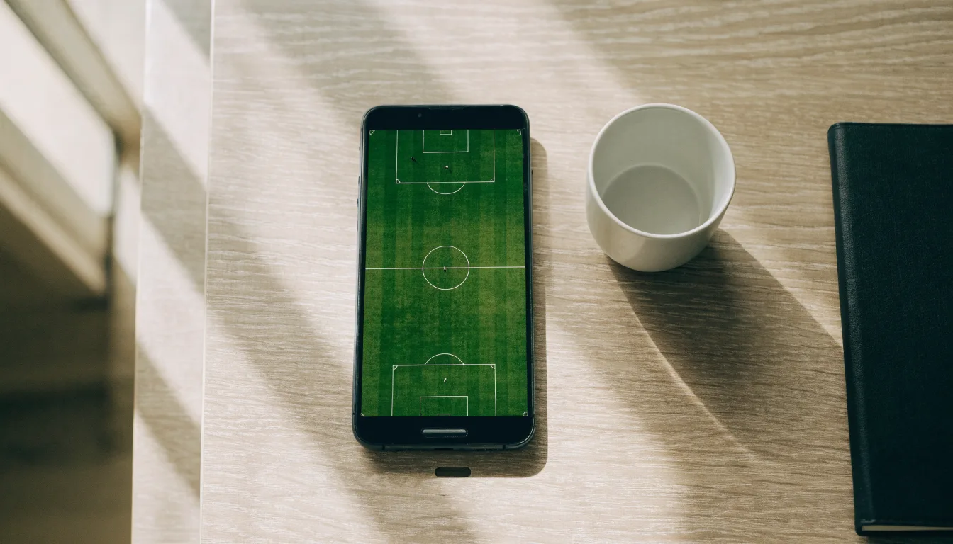 Ein Smartphone mit dunklem Display liegt neben einer Kaffeetasse und einem Notizblock auf einem hellen Tisch.