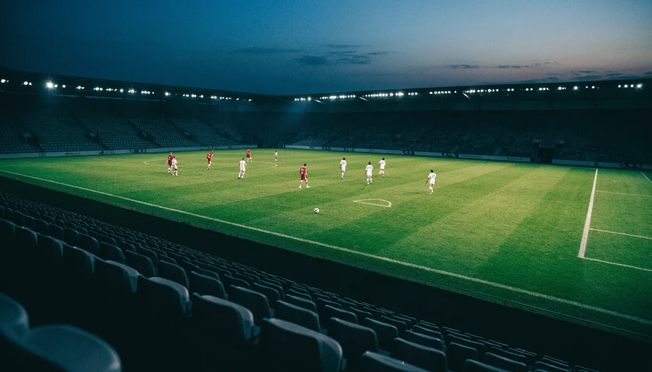 Eine leere Stadiontribüne unter Flutlicht aus der Ferne betrachtet, die Rasenfläche leuchtet grün in der Dämmerung.
