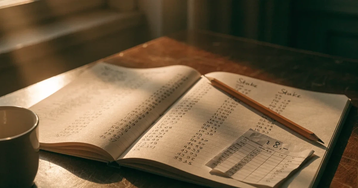 Ein aufgeschlagenes Notizbuch mit handschriftlichen Zahlenreihen und ein Bleistift liegen neben einem Taschenrechner auf einem Schreibtisch.