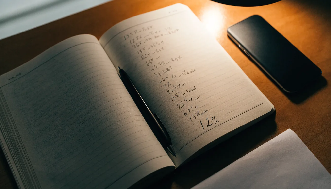 Ein Notizbuch mit handschriftlichen Rechnungen und ein Taschenrechner liegen auf einem aufgeräumten Schreibtisch in warmem Licht.