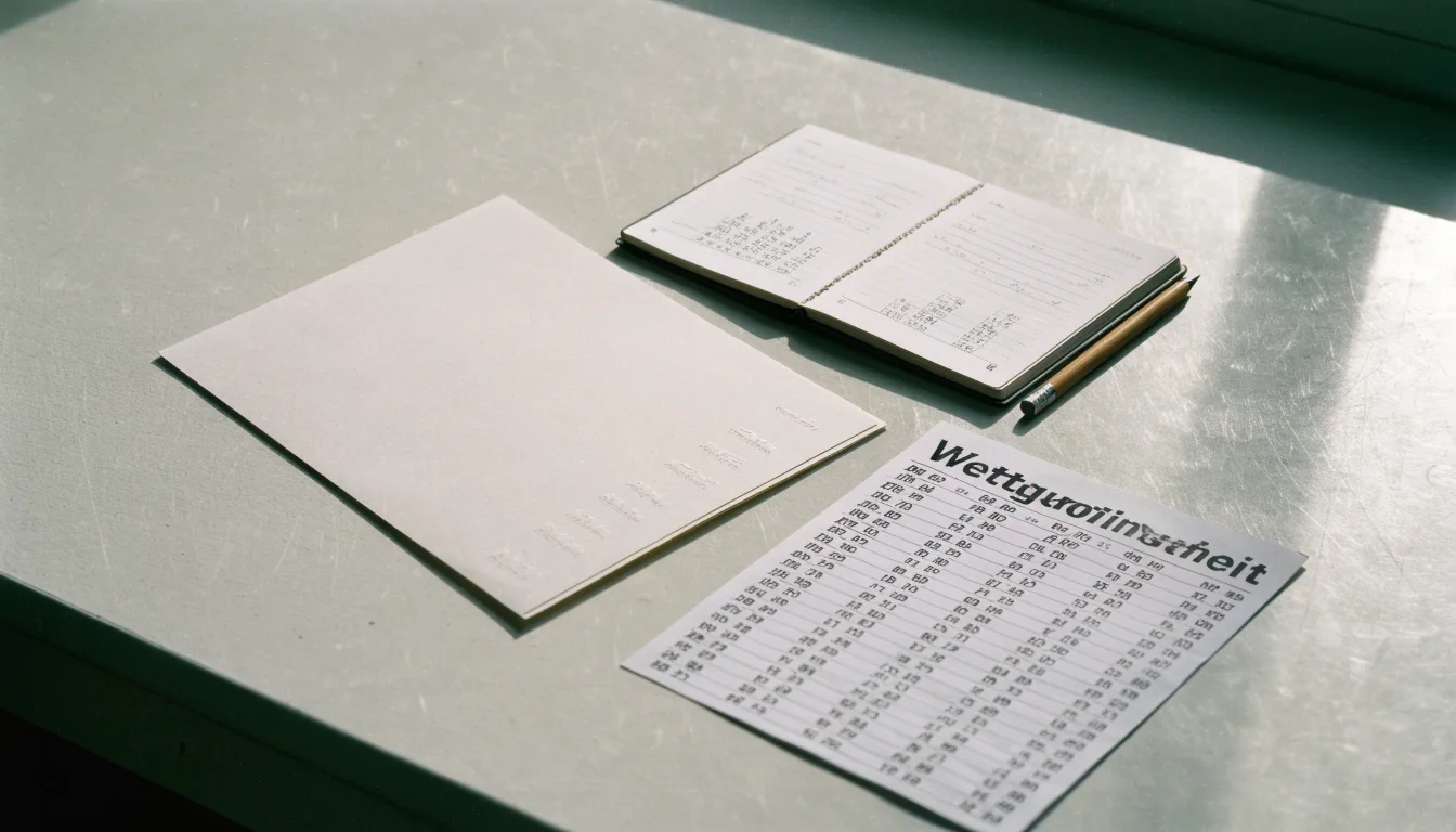 Ein Taschenrechner, ein Bleistift und ein Block mit handschriftlichen Zahlenreihen liegen auf einer grauen Arbeitsfläche.