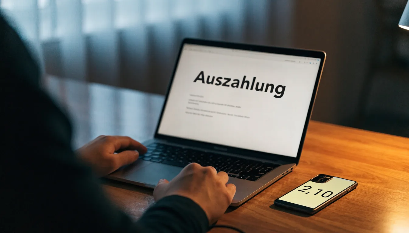 Eine Balkenwaage aus Messing steht auf einem Schreibtisch, daneben ein hölzerner Hammer, das Licht fällt von einem hohen Fenster.