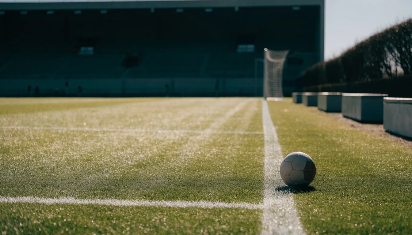 Ein Fußballplatz mit frisch gezogenen Kreidelinien im ersten Morgenlicht, leere Ersatzbänke am Spielfeldrand.