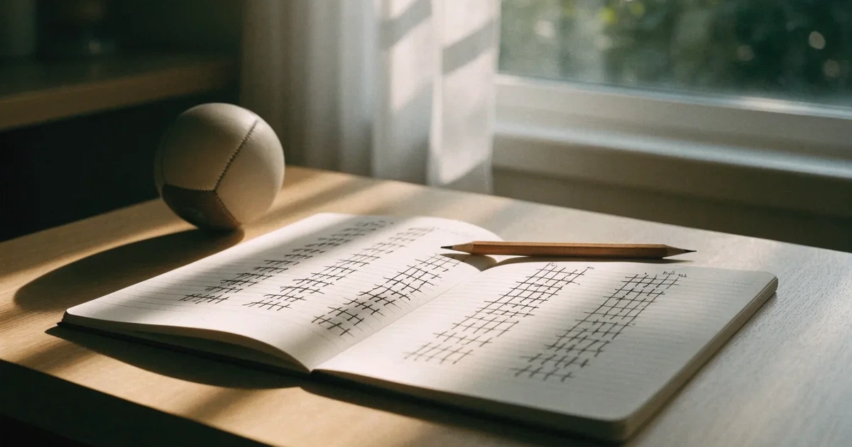 Ein Notizbuch mit handschriftlichen Strichlisten, ein Bleistift und ein kleiner Fußball liegen auf einem Schreibtisch vor einem Fenster.