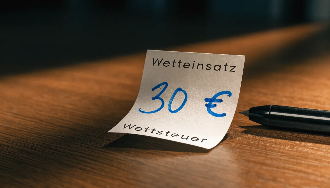 Eine Waage mit zwei leeren Schalen aus Messing steht auf einem Tisch, das Licht einer Stehlampe fällt von rechts.