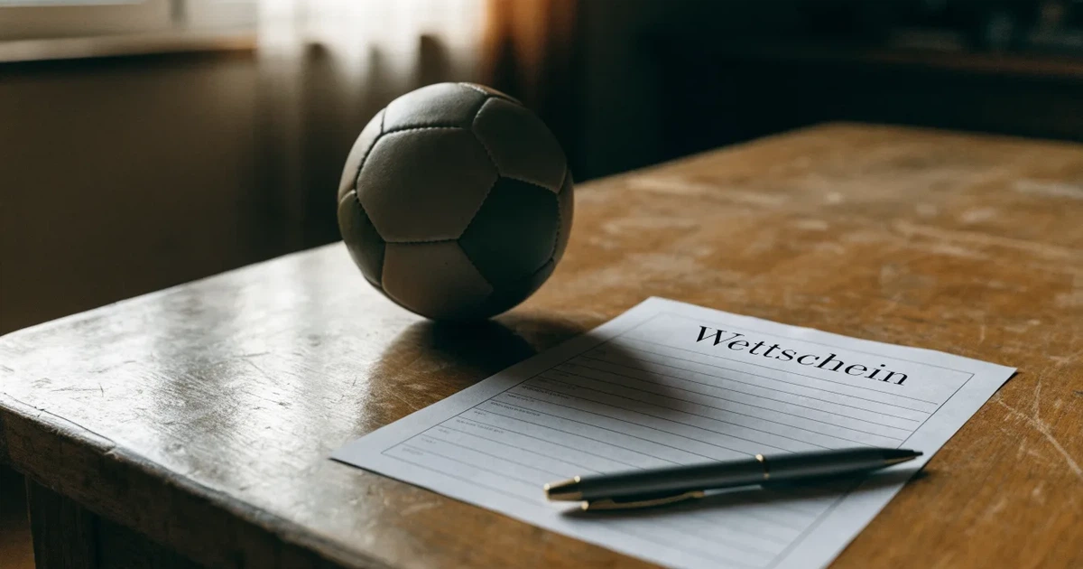 Ein leerer Papier-Wettschein und ein Kugelschreiber liegen neben einem kleinen Fußball auf einem Holztisch, weiches Fensterlicht.