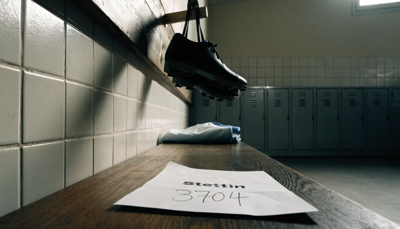 Ein Paar Fußballschuhe hängt an den Schnürsenkeln an einem Holzhaken in einer leeren Umkleidekabine.