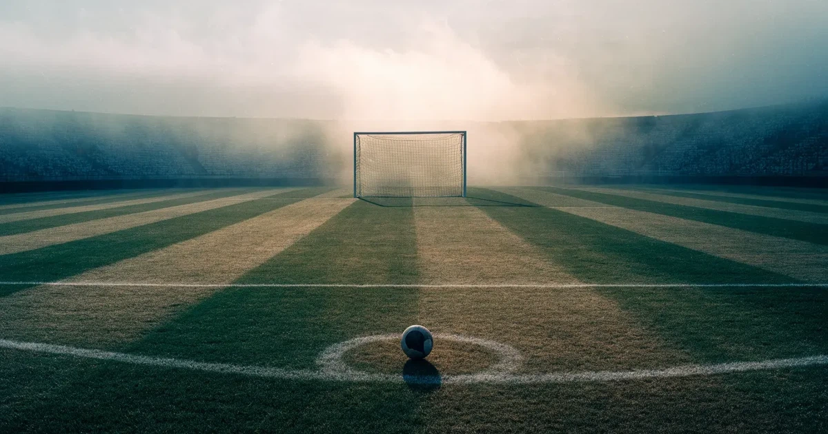 Ein Fußballplatz mit gepflegtem Rasen und einem Tor, über dem Spielfeld liegt Morgennebel, im Hintergrund eine leere Tribüne.