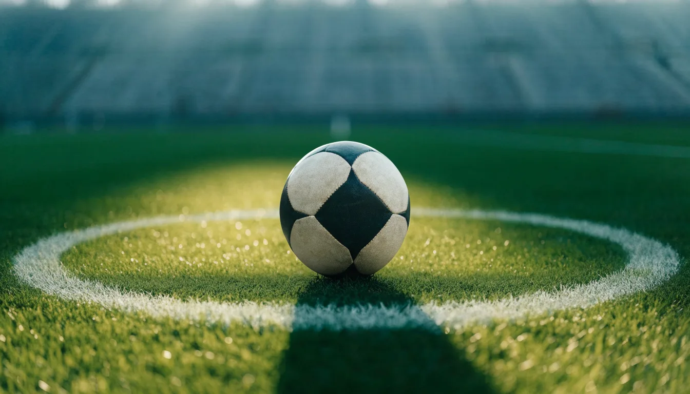 Ein Fußball liegt auf dem Rasen im Mittelkreis, die Kreidelinien führen scharf ins Bild, dahinter verschwimmt eine Tribüne.