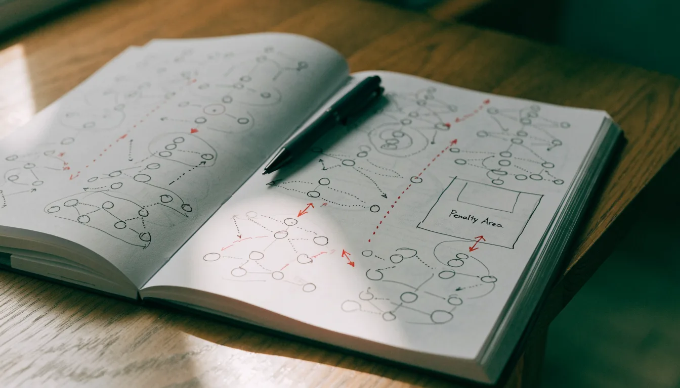 Ein aufgeschlagenes Notizbuch mit handschriftlichen Skizzen von Spielzügen liegt neben einem Kugelschreiber auf einem Holztisch.
