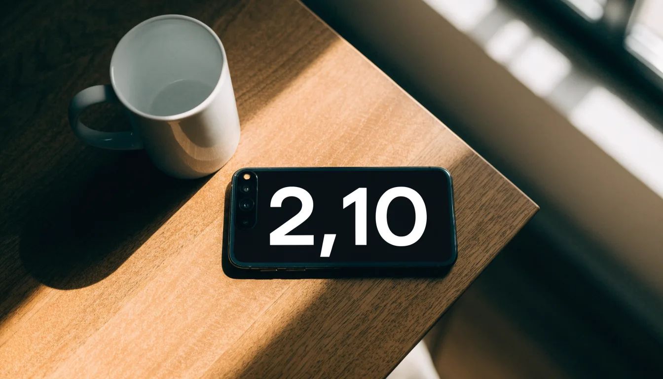 Ein Smartphone mit dunklem Display liegt neben einer Kaffeetasse auf einem Holztisch im Licht eines Fensters.