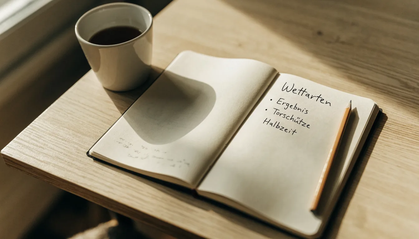 Ein aufgeschlagenes Notizbuch mit handgeschriebenen Stichpunkten und ein Bleistift liegen neben einer Kaffeetasse auf einem hellen Holztisch.