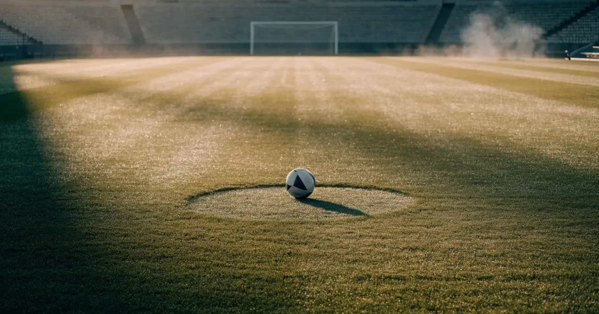 Ein Fußball liegt auf dem Mittelkreis eines Stadionrasens am frühen Morgen, im Hintergrund leere Ränge ohne erkennbare Beschriftung.