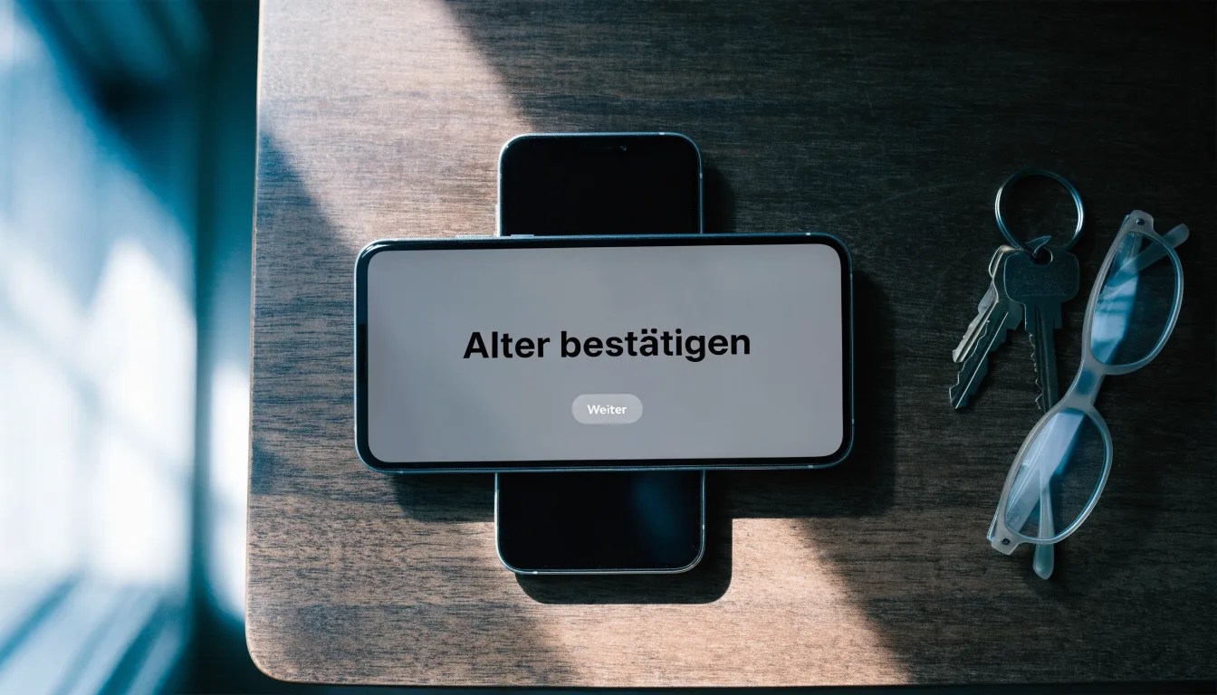 Ein Smartphone liegt mit dunklem Display auf einem Holztisch neben einem Schlüsselbund und einer Brille im Licht eines Fensters.