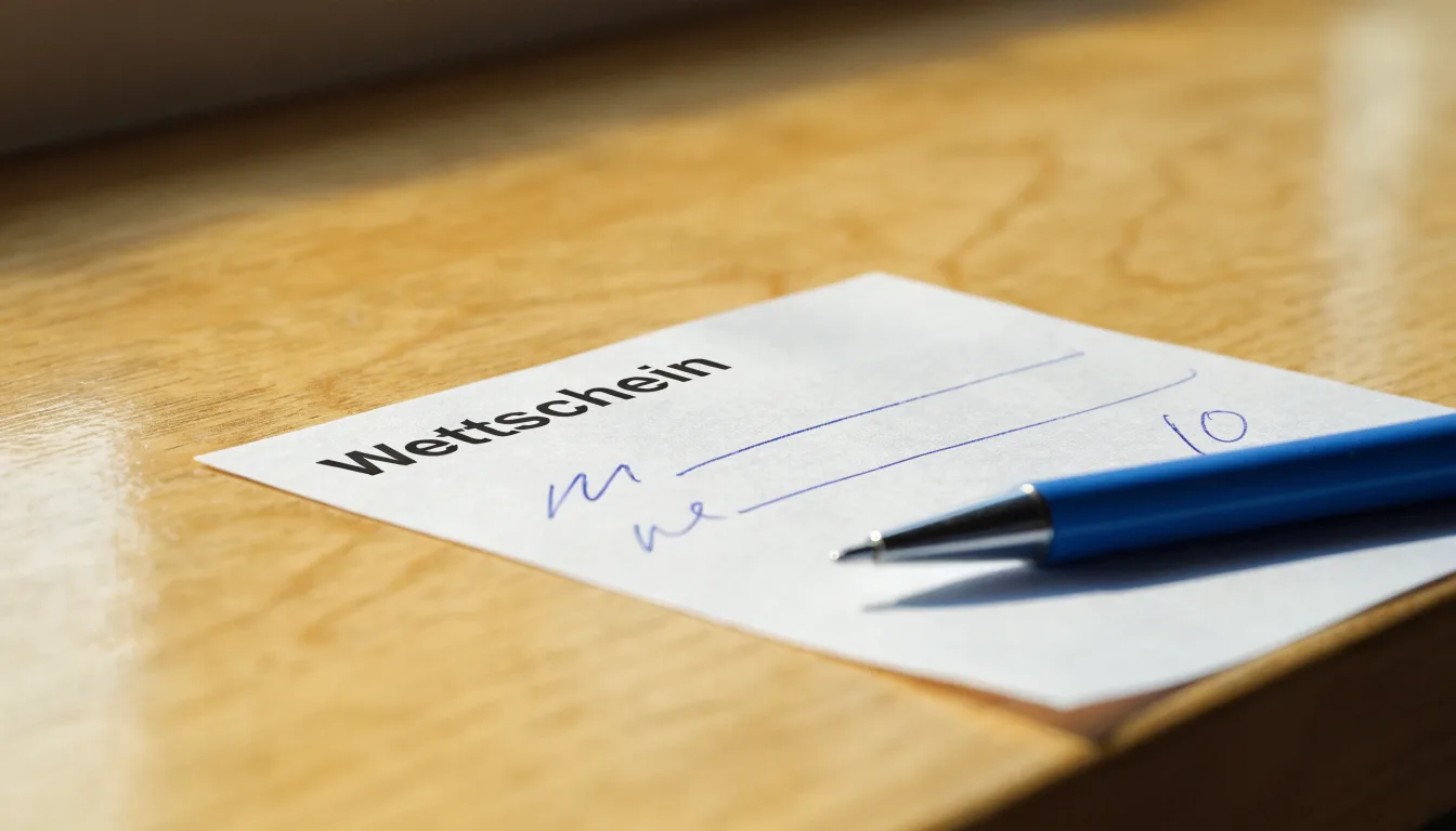 Ein leerer Papier-Wettschein und ein Kugelschreiber liegen auf einer Theke aus hellem Holz im Tageslicht.