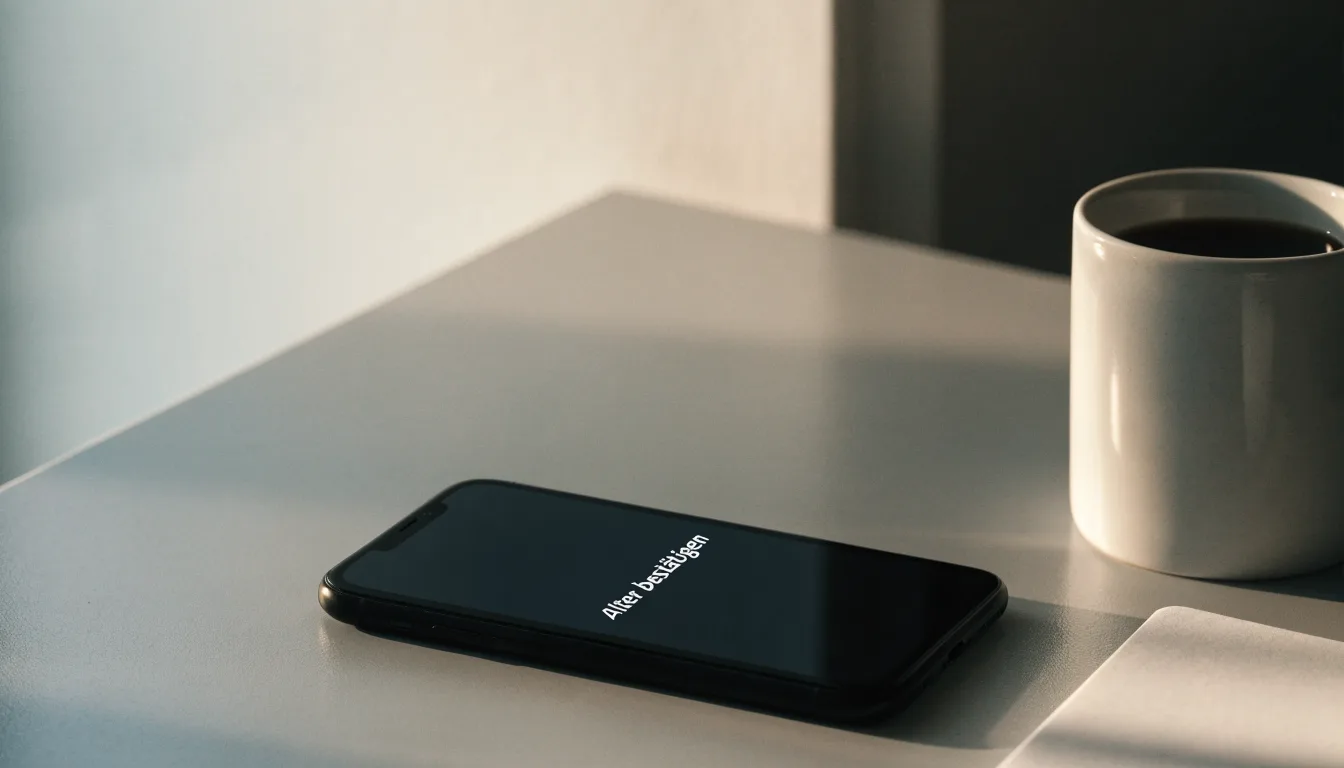 Ein Smartphone liegt mit dunklem Display auf einem Schreibtisch neben einem Notizbuch und einer Kaffeetasse.
