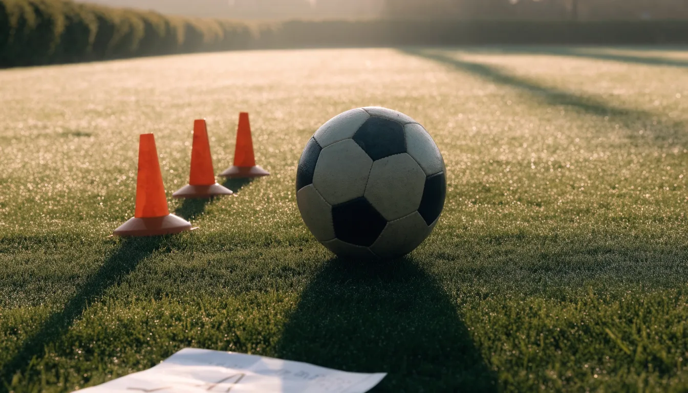 Ein Fußball liegt auf einem Rasenplatz bei Sonnenaufgang, daneben ein kleiner Stapel Trainingshütchen.