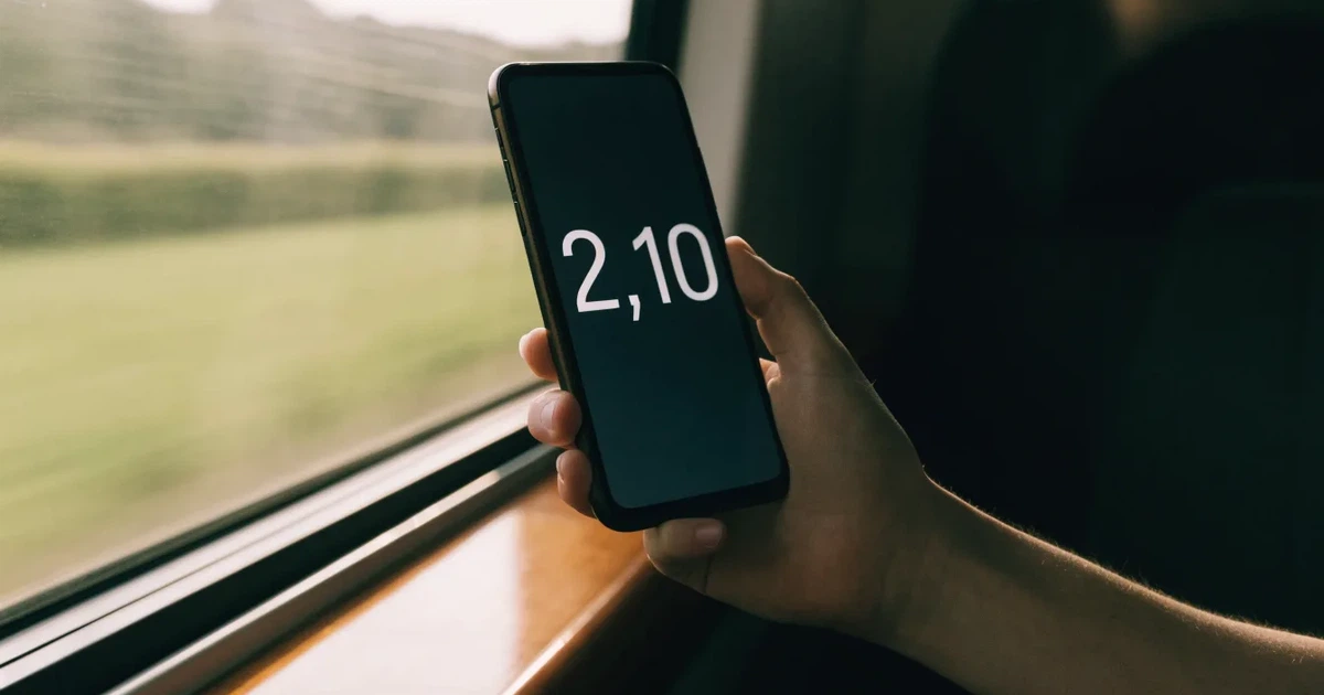 Eine Hand hält ein Smartphone mit dunklem Display in einem Zug, am Fenster ziehen verschwommen Felder vorbei.