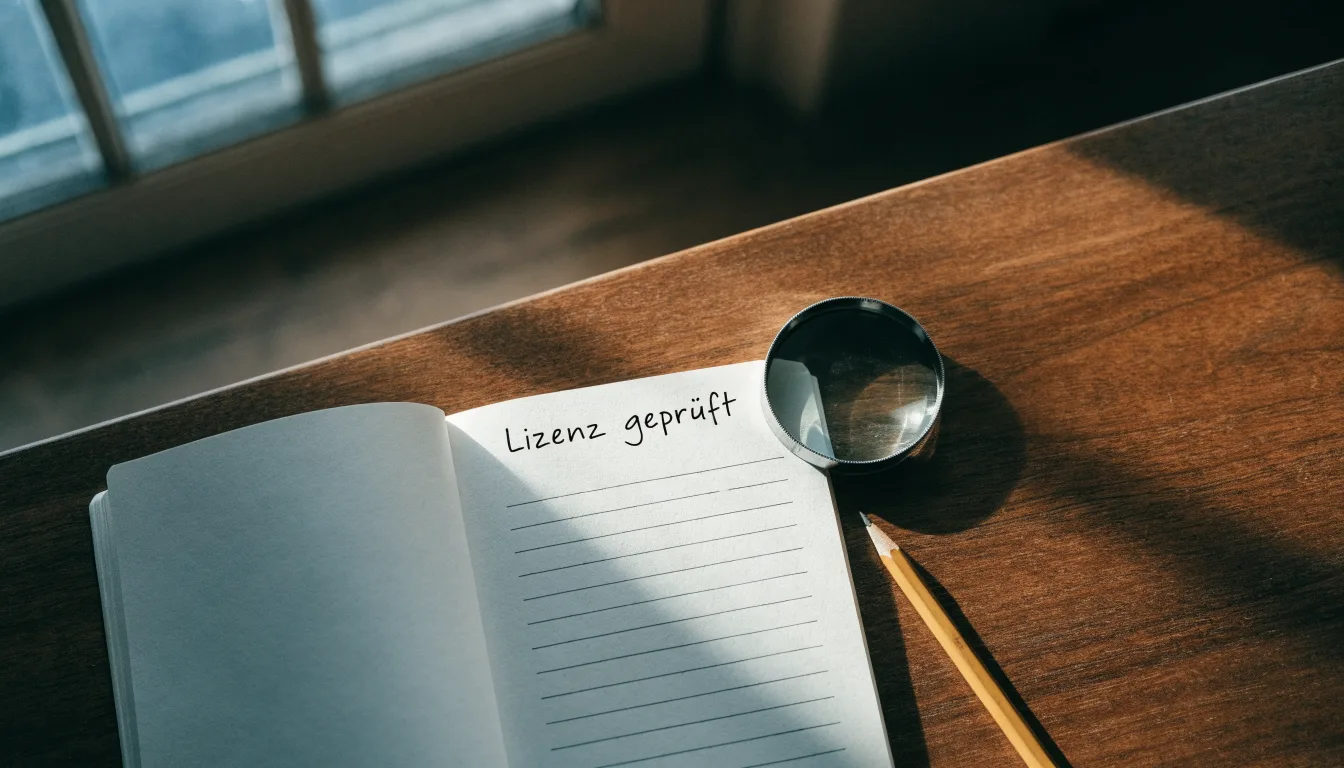 Ein schmaler Schreibtisch am Fenster mit einem Notizbuch, einer Lupe und einem Bleistift im Morgenlicht.