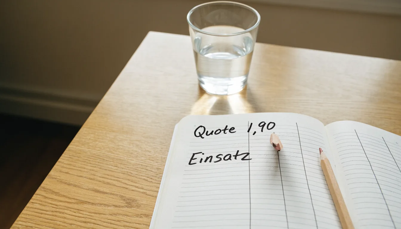 Ein Notizbuch mit handgezeichneten Spalten und ein Bleistift liegen auf einem hellen Holztisch neben einem Glas Wasser.