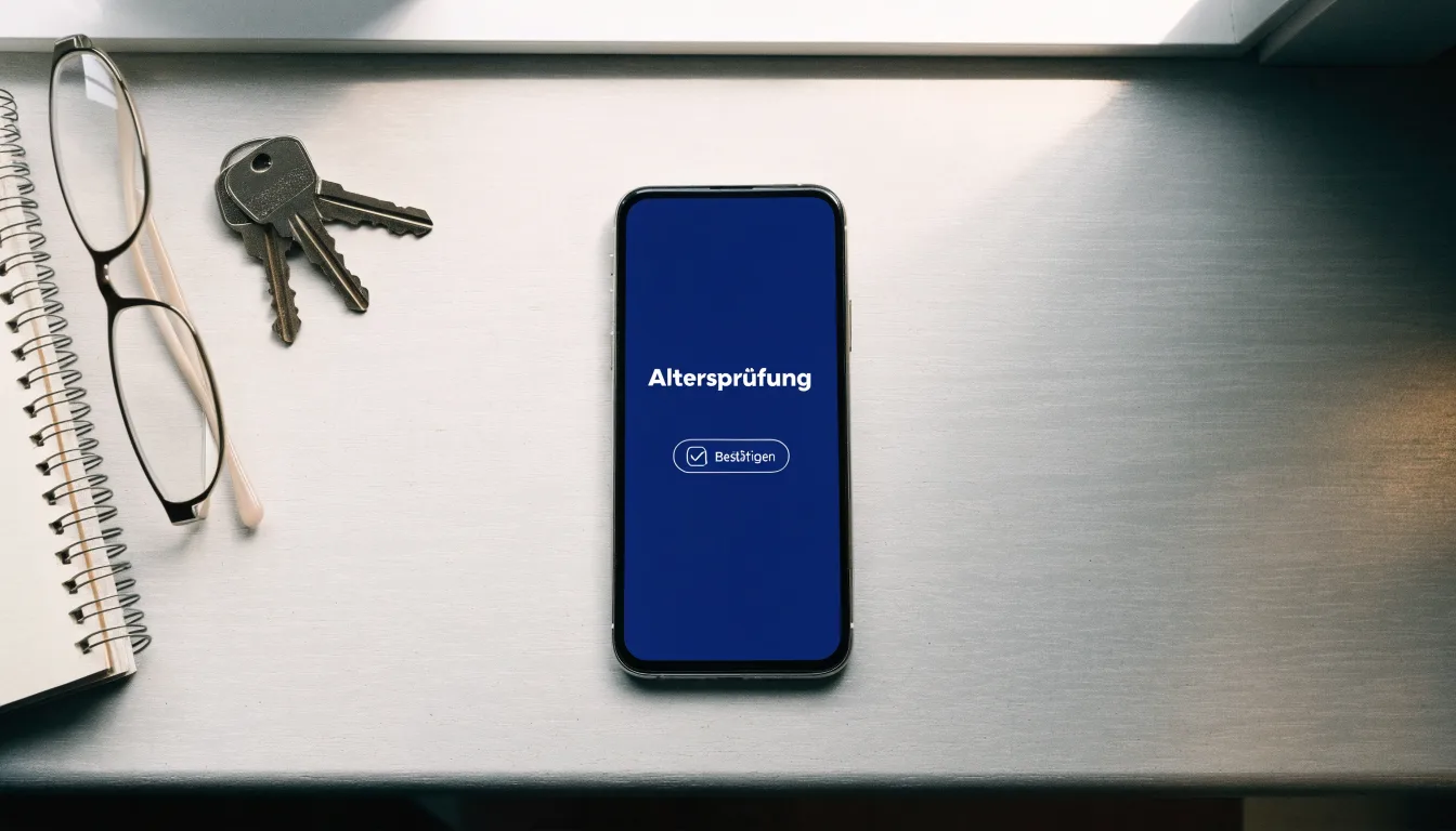 Ein Smartphone liegt mit dunklem Display auf einem Schreibtisch neben einem Schlüsselbund und einer Brille.